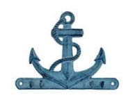 Rustic Dark Blue Whitewashed Cast Iron Anchor with Hooks 8\