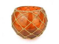 Orange Japanese Glass Fishing Float Bowl with Decorative Brown Fish Netting 10\