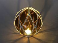 Tabletop LED Lighted Amber Japanese Glass Ball Fishing Float with White Netting Decoration 6\