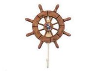 Rustic Wood Finish Decorative Ship Wheel with Seagull and Hook 8\