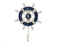 Rustic Dark Blue and White Decorative Ship Wheel With Seagull and Hook 8\