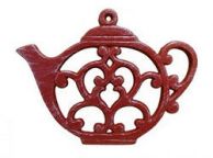 Rustic Red Whitewashed Cast Iron Round Teapot Trivet 8\