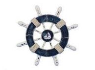 Rustic Dark Blue and White Decorative Ship Wheel With Sailboat 6\