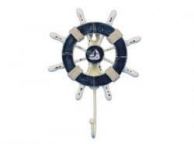 Rustic Dark Blue and White Decorative Ship Wheel With Sailboat and Hook 8\