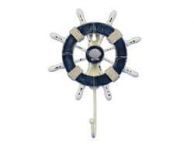 Rustic Dark Blue and White Decorative Ship Wheel with Seashell and Hook 8\