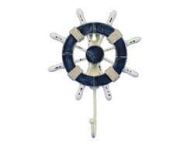Rustic Dark Blue and White Decorative Ship Wheel with Hook 8\