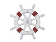 Rustic White Decorative Ship Wheel with Red Rope and sailboat 12\