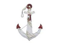 Wooden Rustic Red/White Decorative Anchor w/ Hook Rope and Shells 24\