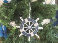 Rustic Dark Blue and White Decorative Ship Wheel With Seashell Christmas Tree Ornament  6