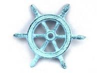 Dark Blue Whitewashed Cast Iron Ship Wheel Decorative Paperweight 4