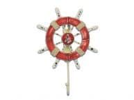 Rustic Red and White Decorative Ship Wheel with Anchor and Hook 8