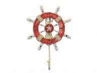 Rustic Red and White Decorative Ship Wheel with Starfish and Hook 8
