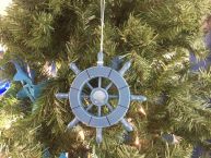Rustic Light Blue Decorative Ship Wheel With Seashell Christmas Tree Ornament  6