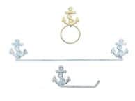Whitewashed Cast Iron Anchor Bathroom  Set of 3 - Large Bath Towel Holder and Towel Ring and Toilet Paper Holder