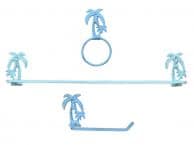 Rustic Light Blue Cast Iron Palm Tree Bathroom Set of 3 - Large Bath Towel Holder and Towel Ring and Toilet Paper Holder