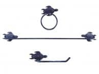 Rustic Dark Blue Cast Iron Sea Turtle Bathroom Set of 3 - Large Bath Towel Holder and Towel Ring and Toilet Paper Holder