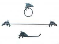 Seaworn Blue Cast Iron Decorative Dolphins Bathroom Set of 3 - Large Bath Towel Holder and Towel Ring and Toilet Paper Holder