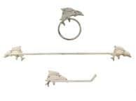 Whitewashed Cast Iron Decorative Dolphins Bathroom Set of 3 - Large Bath Towel Holder and Towel Ring and Toilet Paper Holder