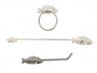 Whitewashed Cast Iron Fish Bone Bathroom Set of 3 - Large Bath Towel Holder and Towel Ring and Toilet Paper Holder