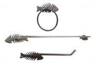 Cast Iron Fish Bone Bathroom Set of 3 - Large Bath Towel Holder and Towel Ring and Toilet Paper Holder