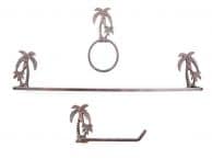Rustic Copper Cast Iron Palm Tree Bathroom Set of 3 - Large Bath Towel Holder and Towel Ring and Toilet Paper Holder