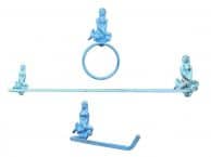 Rustic Light Blue Cast Iron Mermaid Bathroom Set of 3 - Large Bath Towel Holder and Towel Ring and Toilet Paper Holder