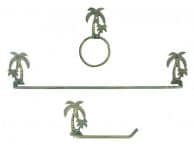 Antique Bronze Cast Iron Palm Tree Bathroom Set of 3 - Large Bath Towel Holder and Towel Ring and Toilet Paper Holder