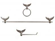 Cast Iron Whale Tail Bathroom Set of 3 - Large Bath Towel Holder and Towel Ring and Toilet Paper Holder