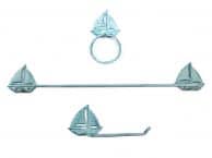 Rustic Dark Blue Whitewashed Cast Iron Sailboat Bathroom Set of 3 - Large Bath Towel Holder and Towel Ring and Toilet Paper Holder