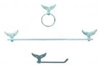 Rustic Light Blue Cast Iron Whale Tail Bathroom Set of 3 - Large Bath Towel Holder and Towel Ring and Toilet Paper Holder