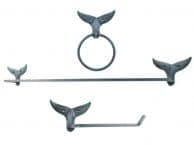 Seaworn Blue Cast Iron Whale Tail Bathroom Set of 3 - Large Bath Towel Holder and Towel Ring and Toilet Paper Holder