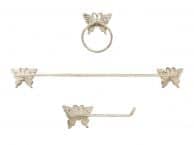 Whitewashed Cast Iron Butterfly Bathroom Set of 3 - Large Bath Towel Holder and Towel Ring and Toilet Paper Holder