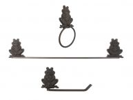 Cast Iron Happy Sitting Frog Bathroom Set of 3 - Large Bath Towel Holder and Towel Ring and Toilet Paper Holder 