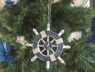Rustic Dark Blue and White Decorative Ship Wheel With Seagull Christmas Tree Ornament 6