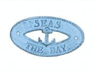  Dark Blue Whitewashed Cast Iron Seas the Day with Anchor Sign 8