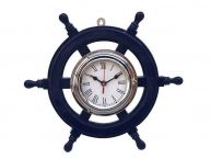 Deluxe Class Dark Blue Wood and Chrome Pirate Ship Wheel Clock 12