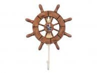 Rustic Wood Finish Decorative Ship Wheel with Seagull and Hook 8