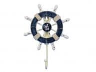 Rustic Dark Blue and White Decorative Ship Wheel With Seagull and Hook 8