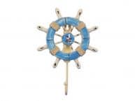 Rustic Light Blue and White Decorative Ship Wheel with Seagull and Hook 8