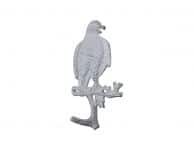 Whitewashed Cast Iron Eagle Sitting on a Tree Branch Decorative Metal Wall Hook 6.5