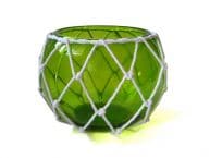 Green Japanese Glass Fishing Float Bowl with Decorative White Fish Netting 8