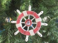 Rustic Red and White Decorative Ship Wheel With Sailboat Christmas Tree Ornament 6