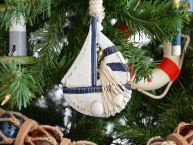 Wooden Rustic Blue Sailboat Model Christmas Tree Ornament