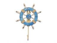 Rustic Light Blue and White Decorative Ship Wheel with Anchor and Hook 8