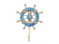 Rustic Light Blue and White Decorative Ship Wheel with Seashell and Hook 8