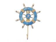 Rustic Light Blue and White Decorative Ship Wheel with Starfish and Hook 8
