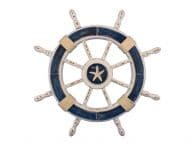 Rustic Dark Blue and White Decorative Ship Wheel With Starfish 24