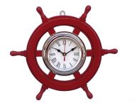 Deluxe Class Red Wood and Chrome Pirate Ship Wheel Clock 12