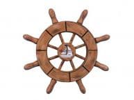 Rustic Wood Finish Decorative Ship Wheel With Sailboat 6