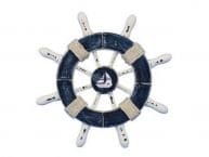 Rustic Dark Blue and White Decorative Ship Wheel With Sailboat 6